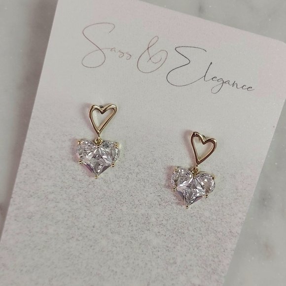 14kt gold plated crystal heart drop earrings NEW - Picture 2 of 8